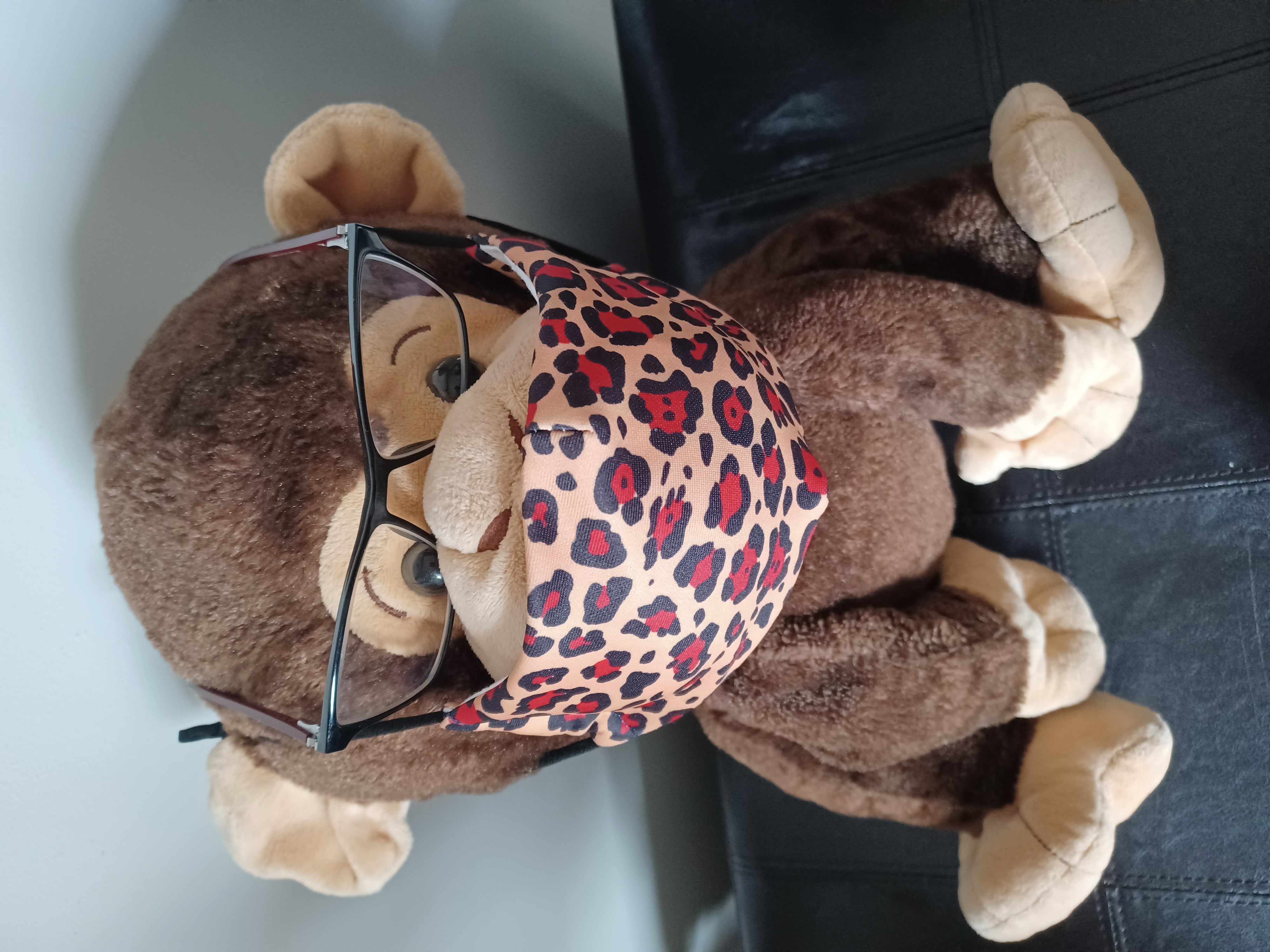stuffed monkey wearing glasses and a leopard print face mask