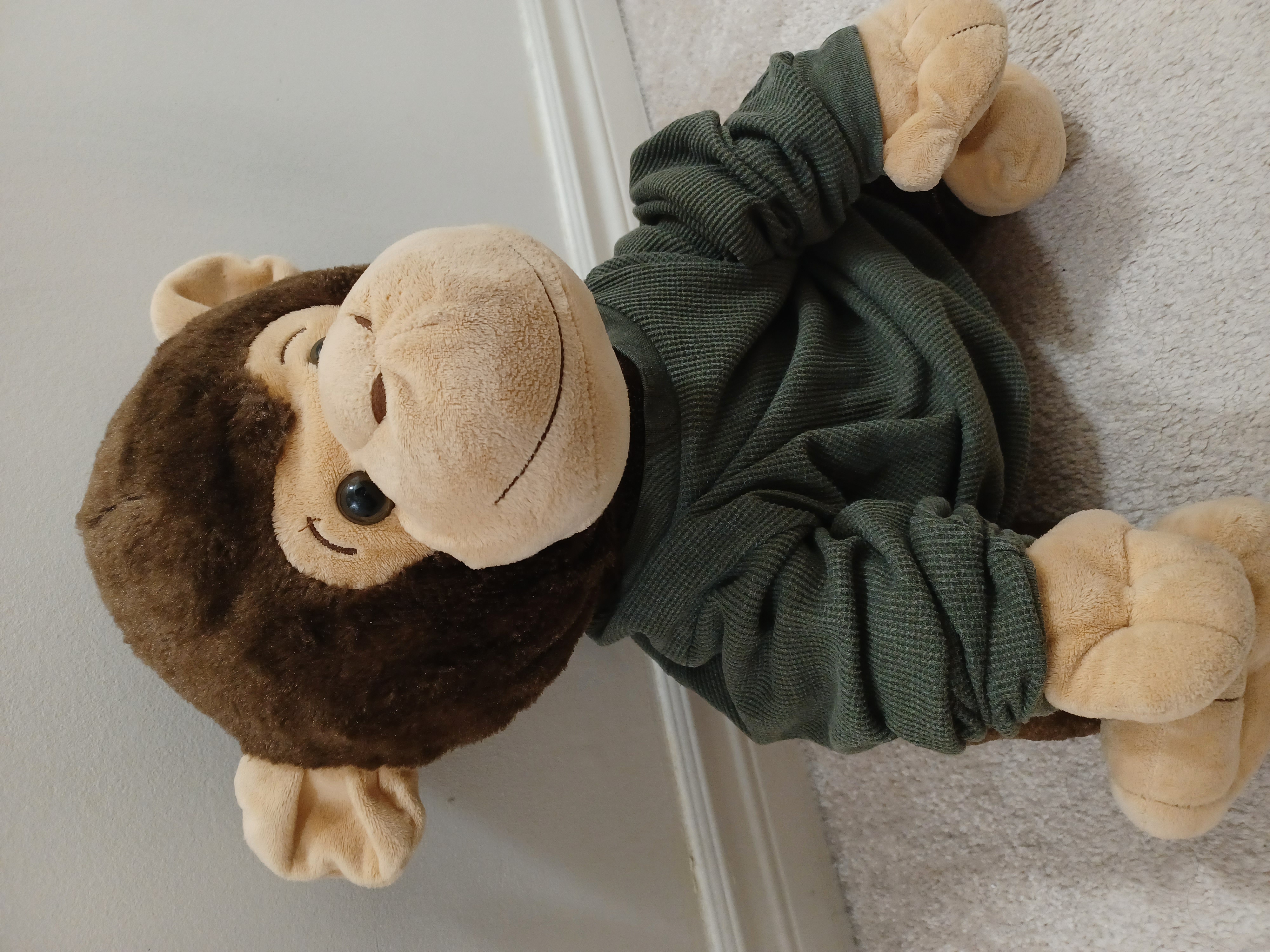 stuffed monkey wearing jade green t-shirt